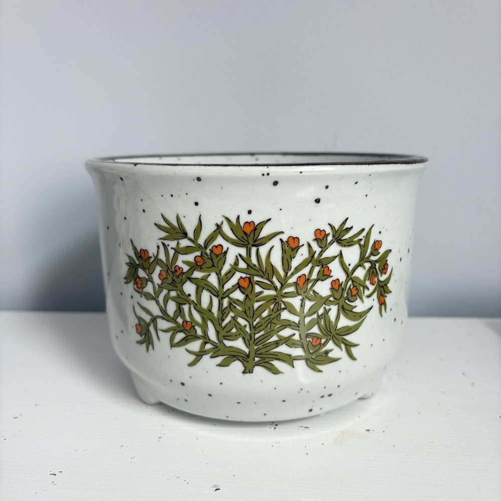 Vintage 1970s Takahashi Herb Wildflower Flower Pot Speckled Stoneware Pottery